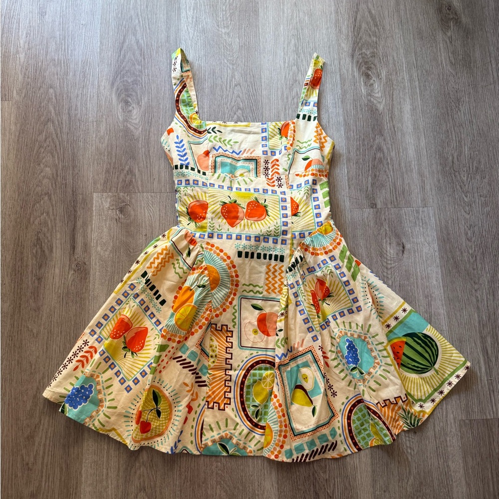 moon river cream printed food fruit corset poplin mini summer sun dress small